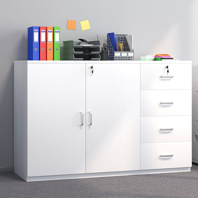 木匠印记 矮柜办公柜客厅书房落地式多功能大容量带锁文件柜子 暖白色两门四抽120cm 木制柜
