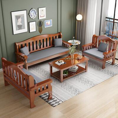 圣度朗实木沙发组合全实木新中式客厅简约现代三人位木质小户型沙发长椅 柚木组合木骨架沙发